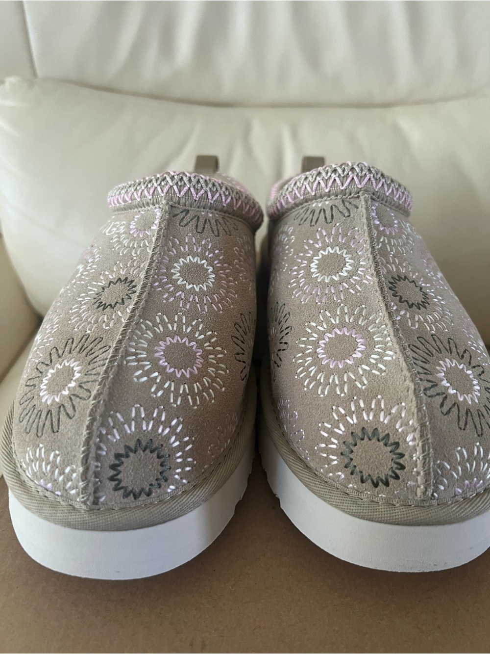 UGG Taupe Slip-On Clogs with Pink & White Embroidered Motifs